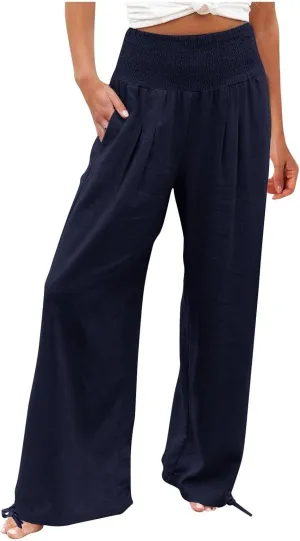 Wide Leg Linen Pants Women Summer High Waisted Boho Beach Flowy Pant Casual Vacation Outfits Elastic Lounge Trousers