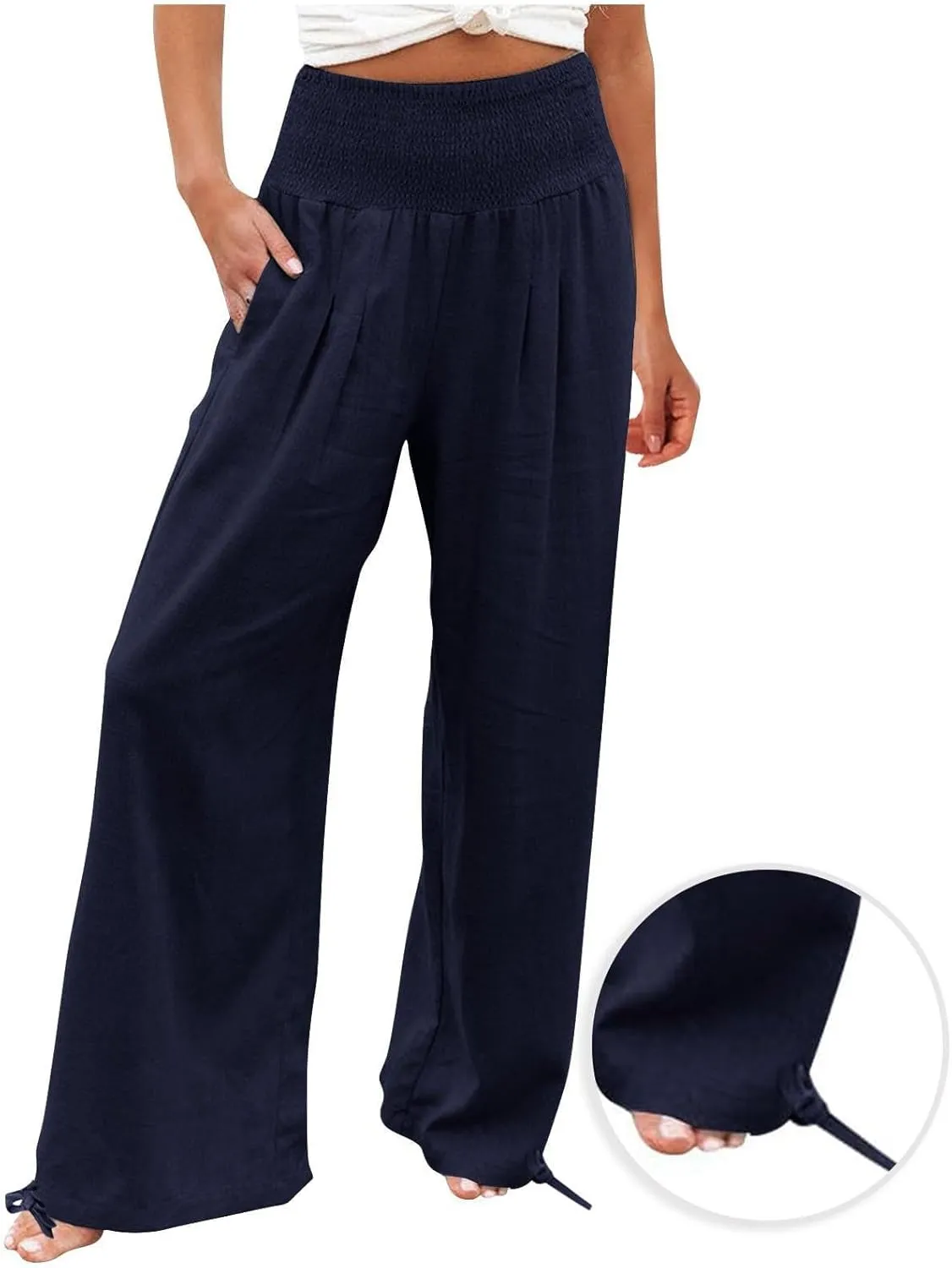 Wide Leg Linen Pants Women Summer High Waisted Boho Beach Flowy Pant Casual Vacation Outfits Elastic Lounge Trousers