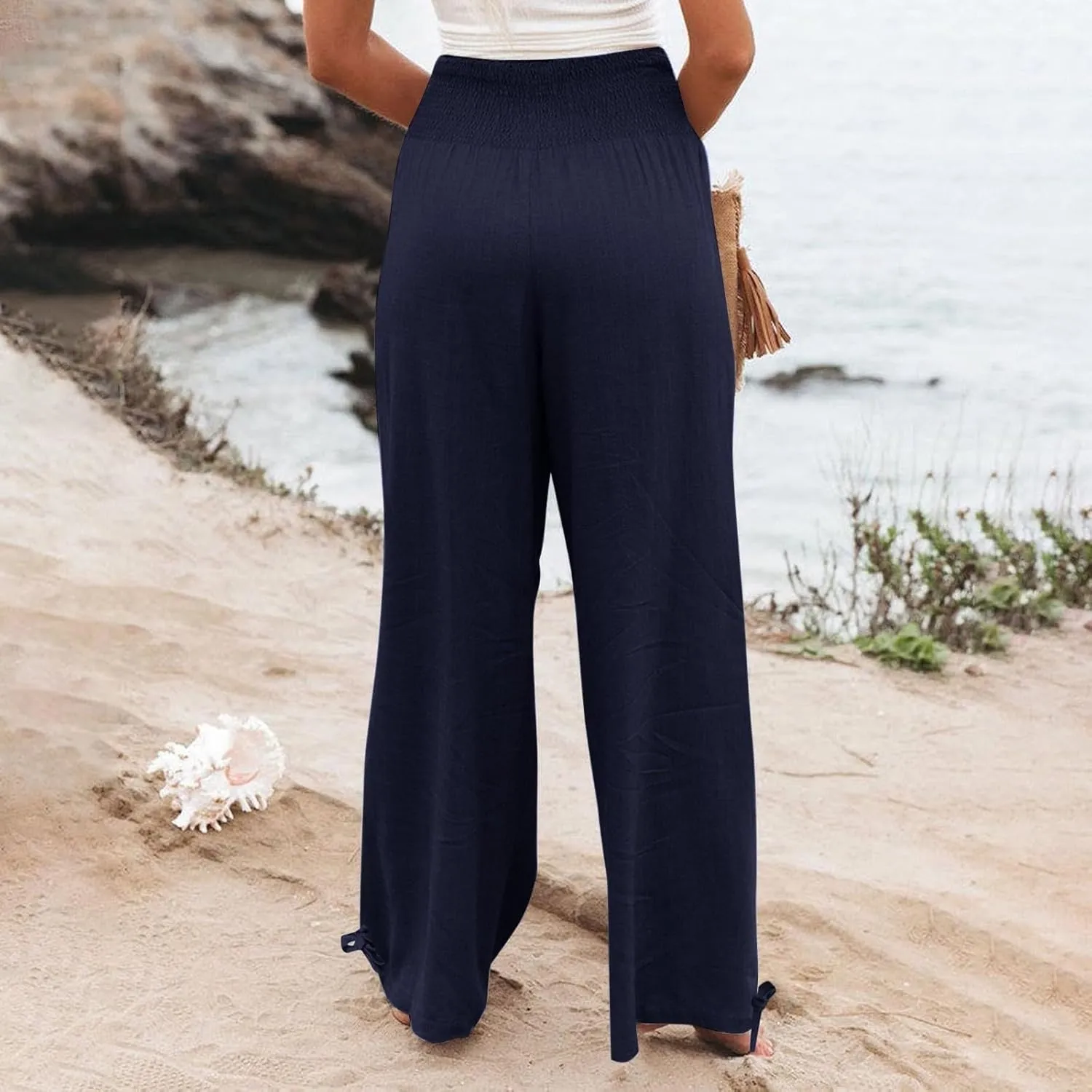 Wide Leg Linen Pants Women Summer High Waisted Boho Beach Flowy Pant Casual Vacation Outfits Elastic Lounge Trousers