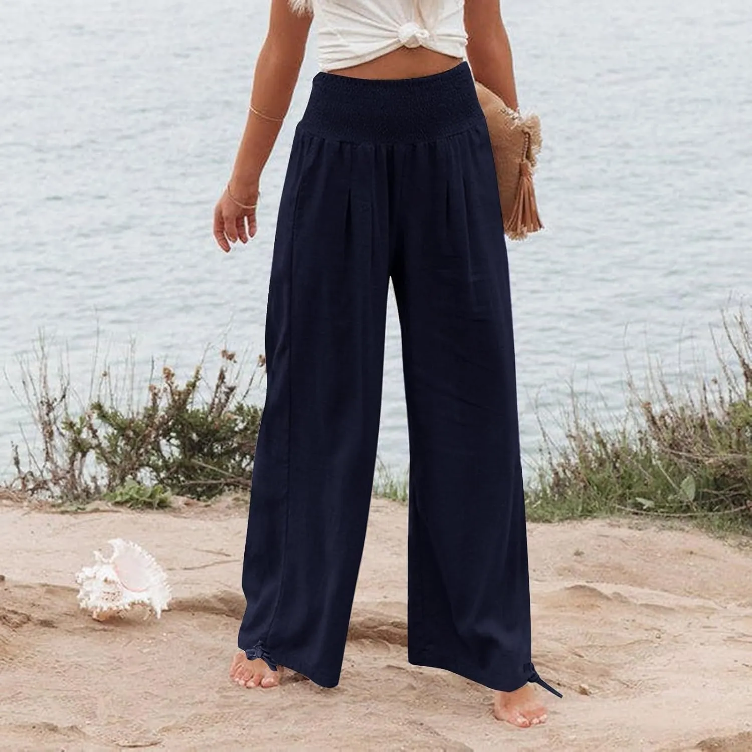 Wide Leg Linen Pants Women Summer High Waisted Boho Beach Flowy Pant Casual Vacation Outfits Elastic Lounge Trousers