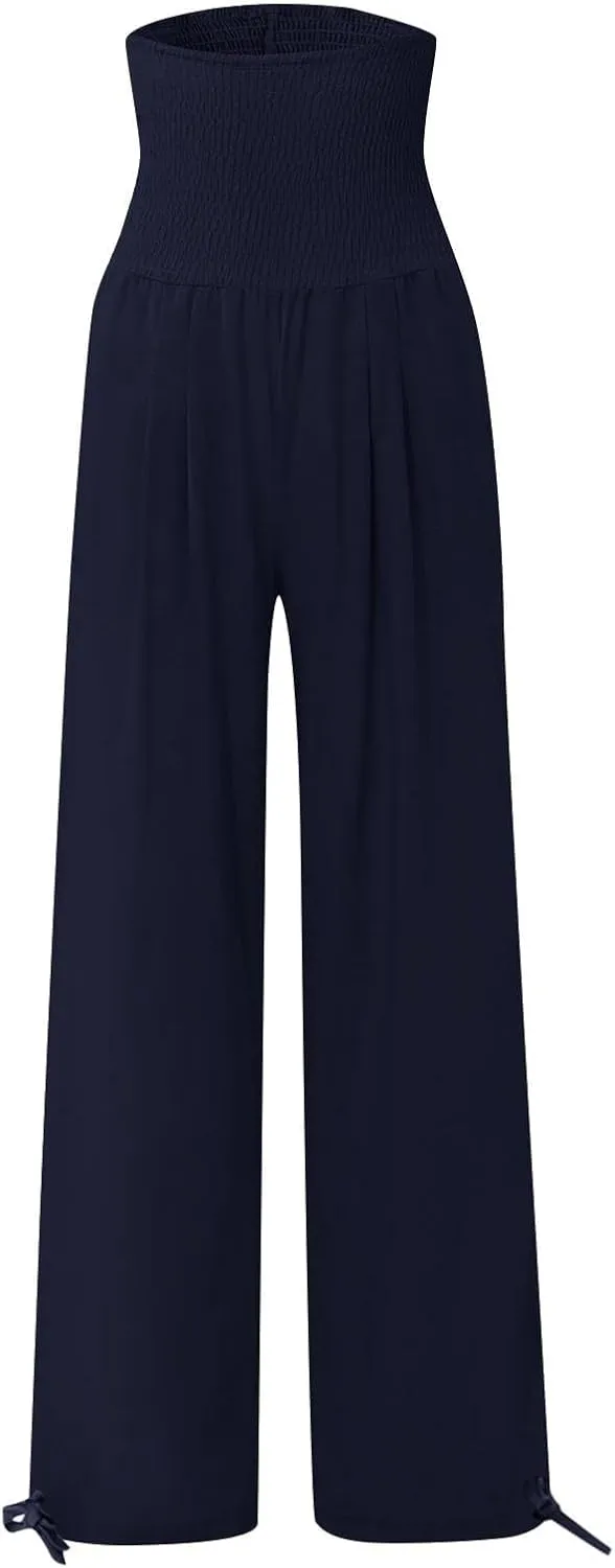 Wide Leg Linen Pants Women Summer High Waisted Boho Beach Flowy Pant Casual Vacation Outfits Elastic Lounge Trousers