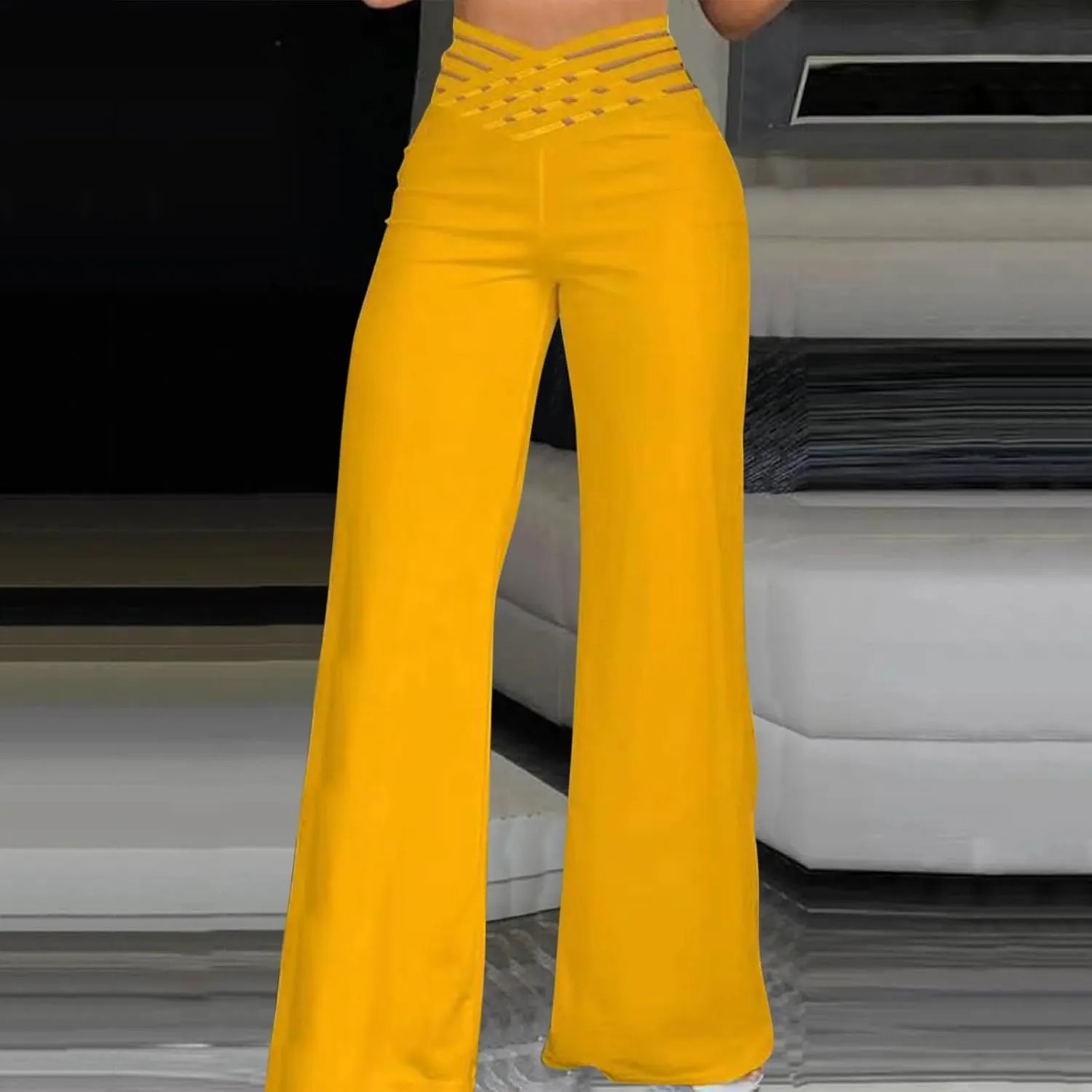 Wide Leg Pants for Women Hollow Belt High Waist Solid Color Loose Flowy Long Trousers Going Out Beach Vacation Pants