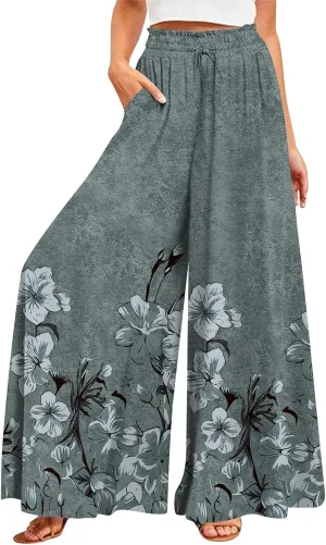 Wide Leg Slacks for Women,Summer Boho Beach Palazzo Pants Floral Print Casual Flowy Loose Lounge Trouser with Pocket