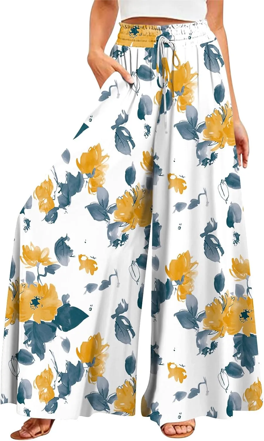 Wide Leg Slacks for Women,Summer Boho Beach Palazzo Pants Floral Print Casual Flowy Loose Lounge Trouser with Pocket