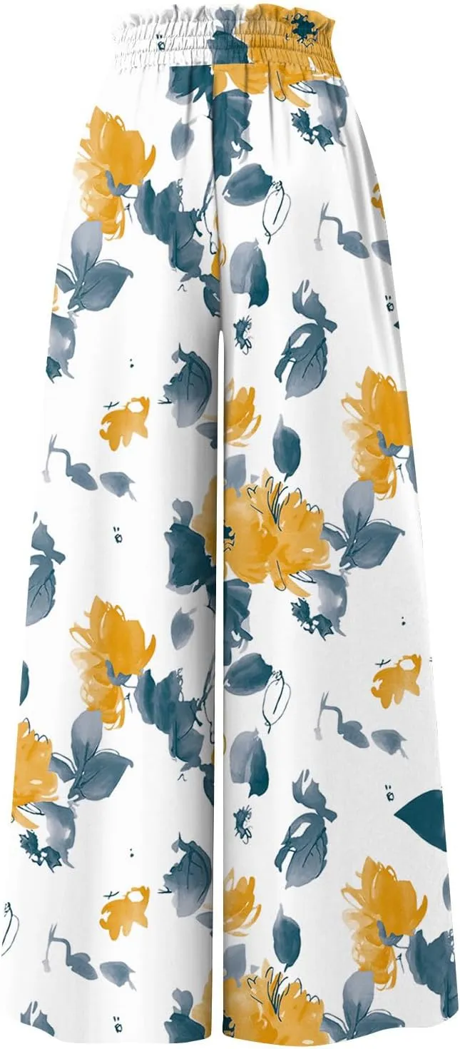 Wide Leg Slacks for Women,Summer Boho Beach Palazzo Pants Floral Print Casual Flowy Loose Lounge Trouser with Pocket