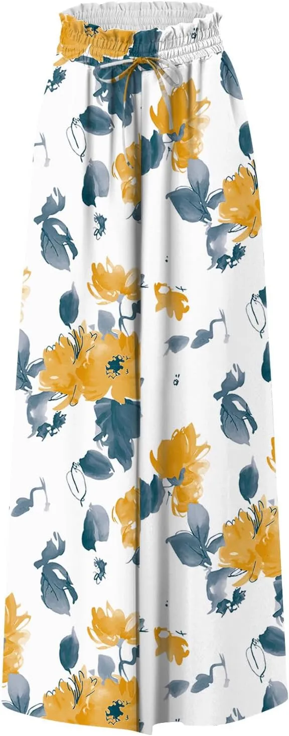 Wide Leg Slacks for Women,Summer Boho Beach Palazzo Pants Floral Print Casual Flowy Loose Lounge Trouser with Pocket