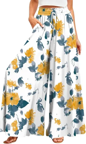 Wide Leg Slacks for Women,Summer Boho Beach Palazzo Pants Floral Print Casual Flowy Loose Lounge Trouser with Pocket