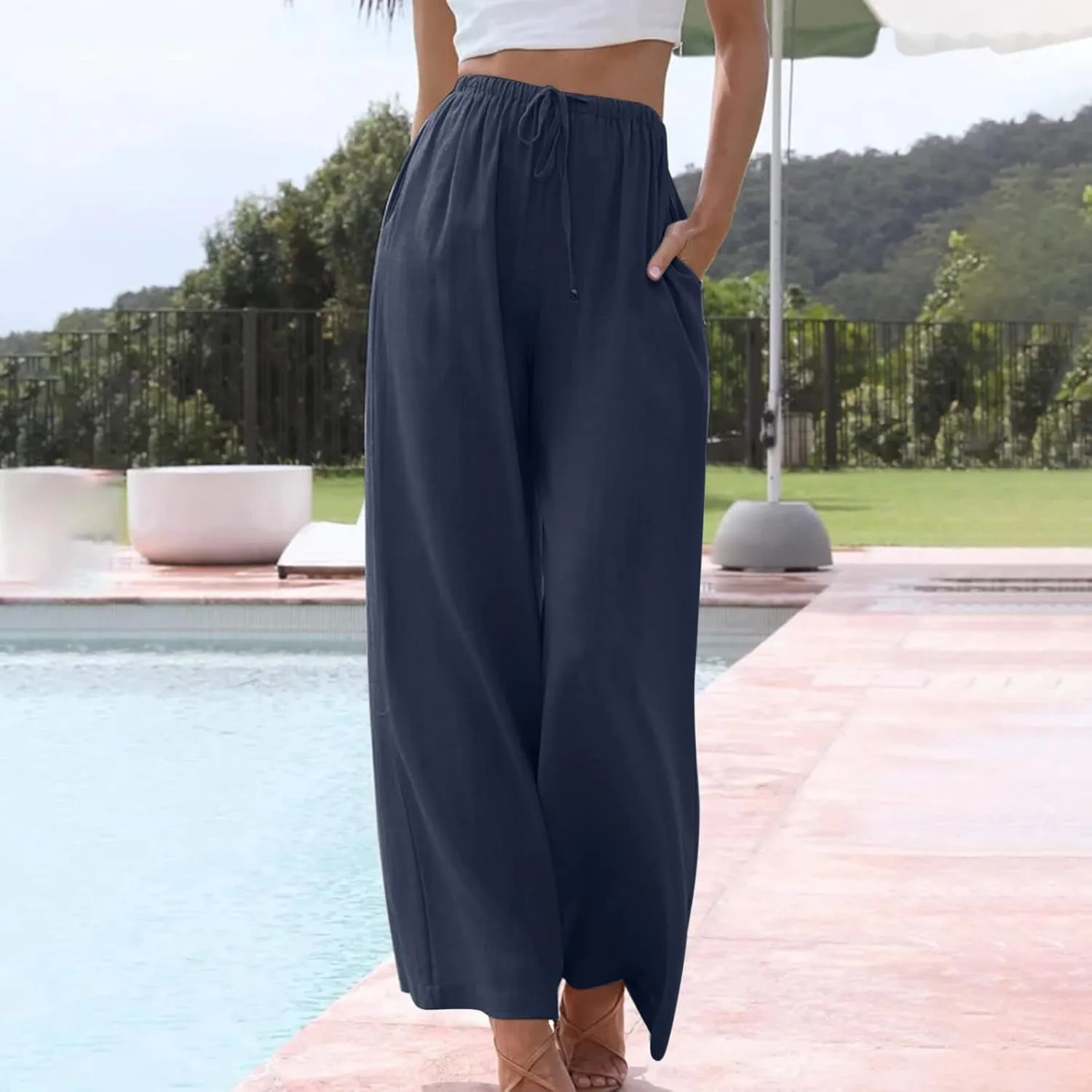 Wide Leg Summer Pants for Women Drawstring Elastic Waist Linen Trousers Lightweight Beach Palazzo Outfit with Pockets