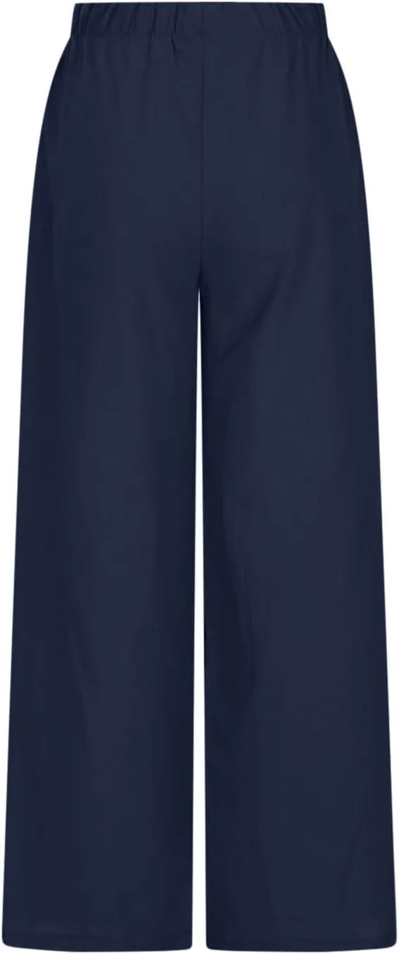 Wide Leg Summer Pants for Women Drawstring Elastic Waist Linen Trousers Lightweight Beach Palazzo Outfit with Pockets