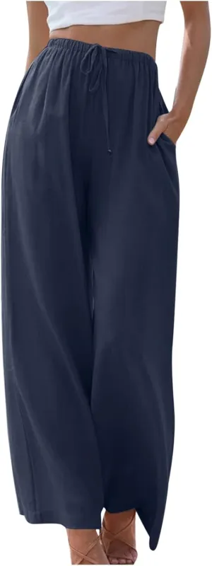 Wide Leg Summer Pants for Women Drawstring Elastic Waist Linen Trousers Lightweight Beach Palazzo Outfit with Pockets