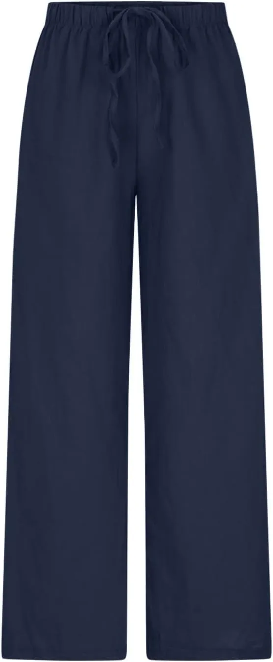 Wide Leg Summer Pants for Women Drawstring Elastic Waist Linen Trousers Lightweight Beach Palazzo Outfit with Pockets