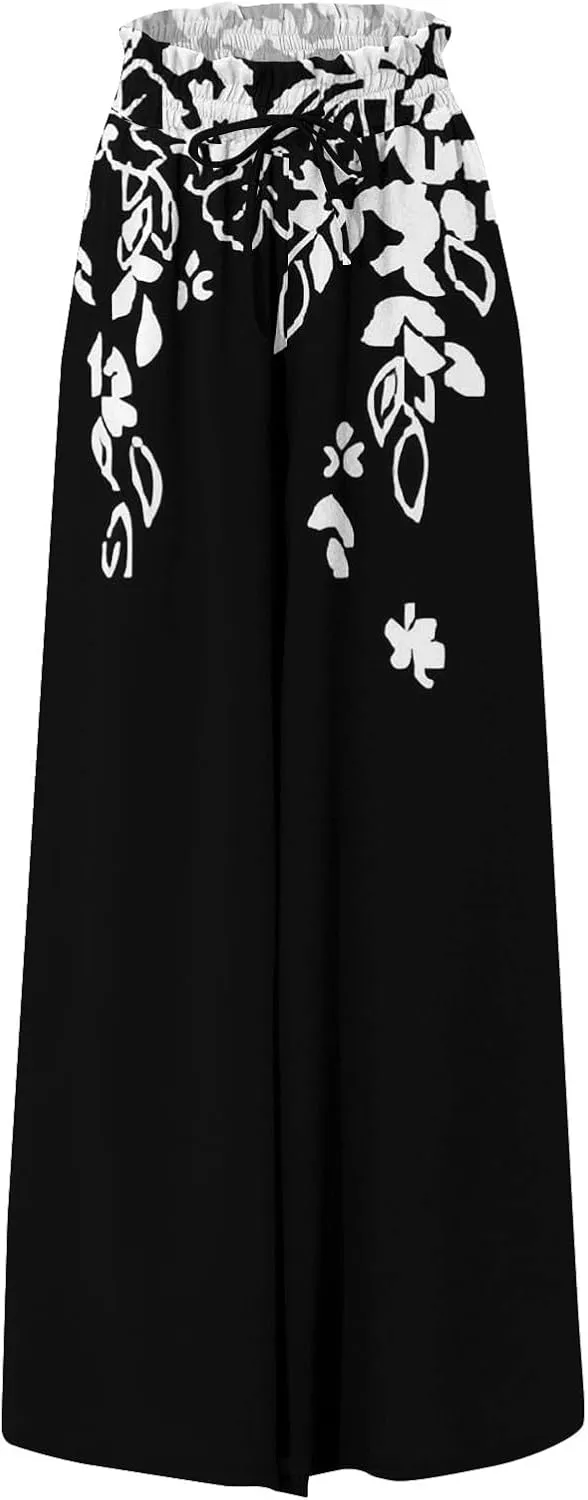 Wide Leg Women Pants Lightweiht Waist Adjustable Drawstring Summer Boho Flowy Palazzo Pants Beach Pants with Pockets