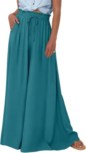 Wide Leg Women Pants Lightweiht Waist Adjustable Drawstring Summer Boho Flowy Palazzo Pants Beach Pants with Pockets