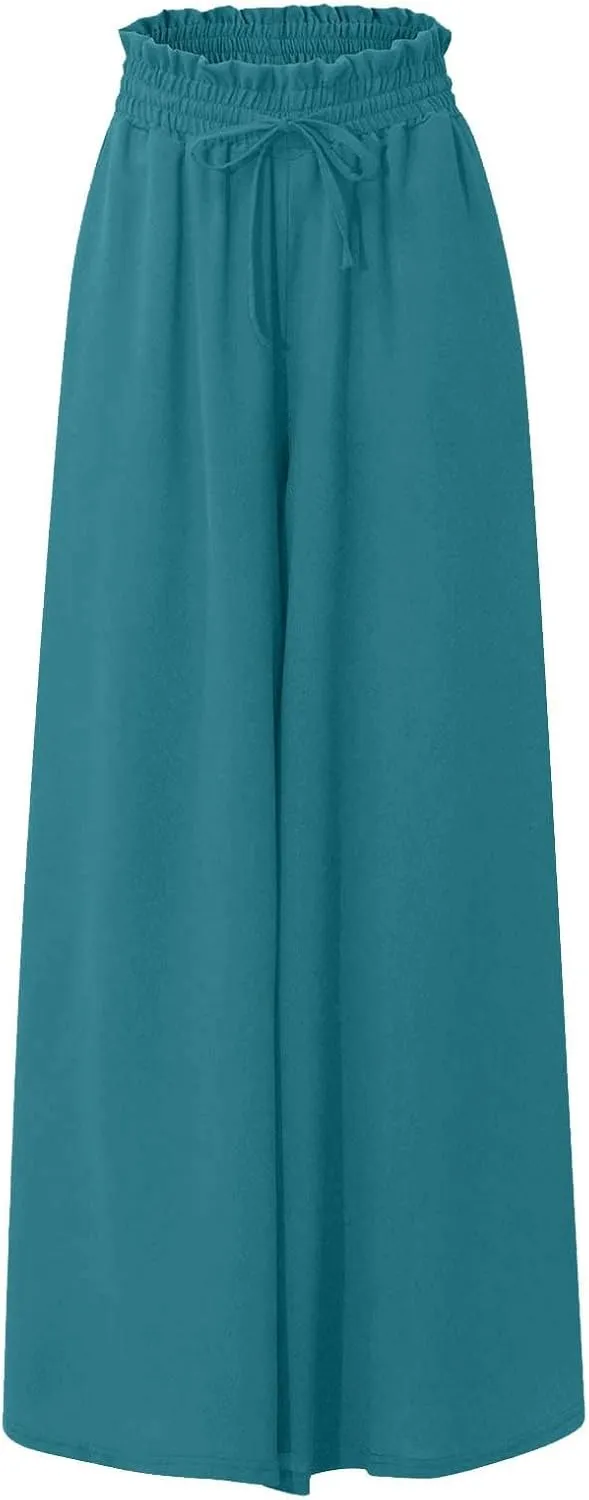 Wide Leg Women Pants Lightweiht Waist Adjustable Drawstring Summer Boho Flowy Palazzo Pants Beach Pants with Pockets