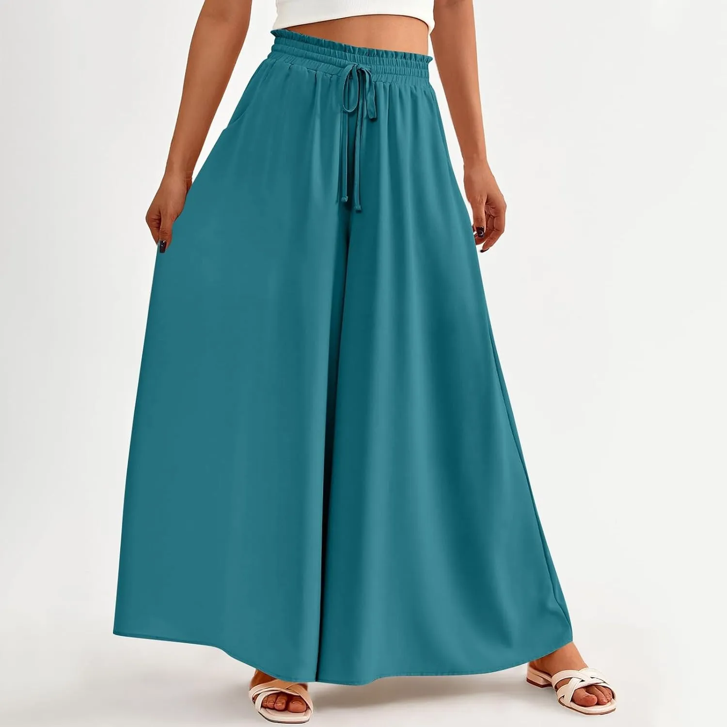 Wide Leg Women Pants Lightweiht Waist Adjustable Drawstring Summer Boho Flowy Palazzo Pants Beach Pants with Pockets