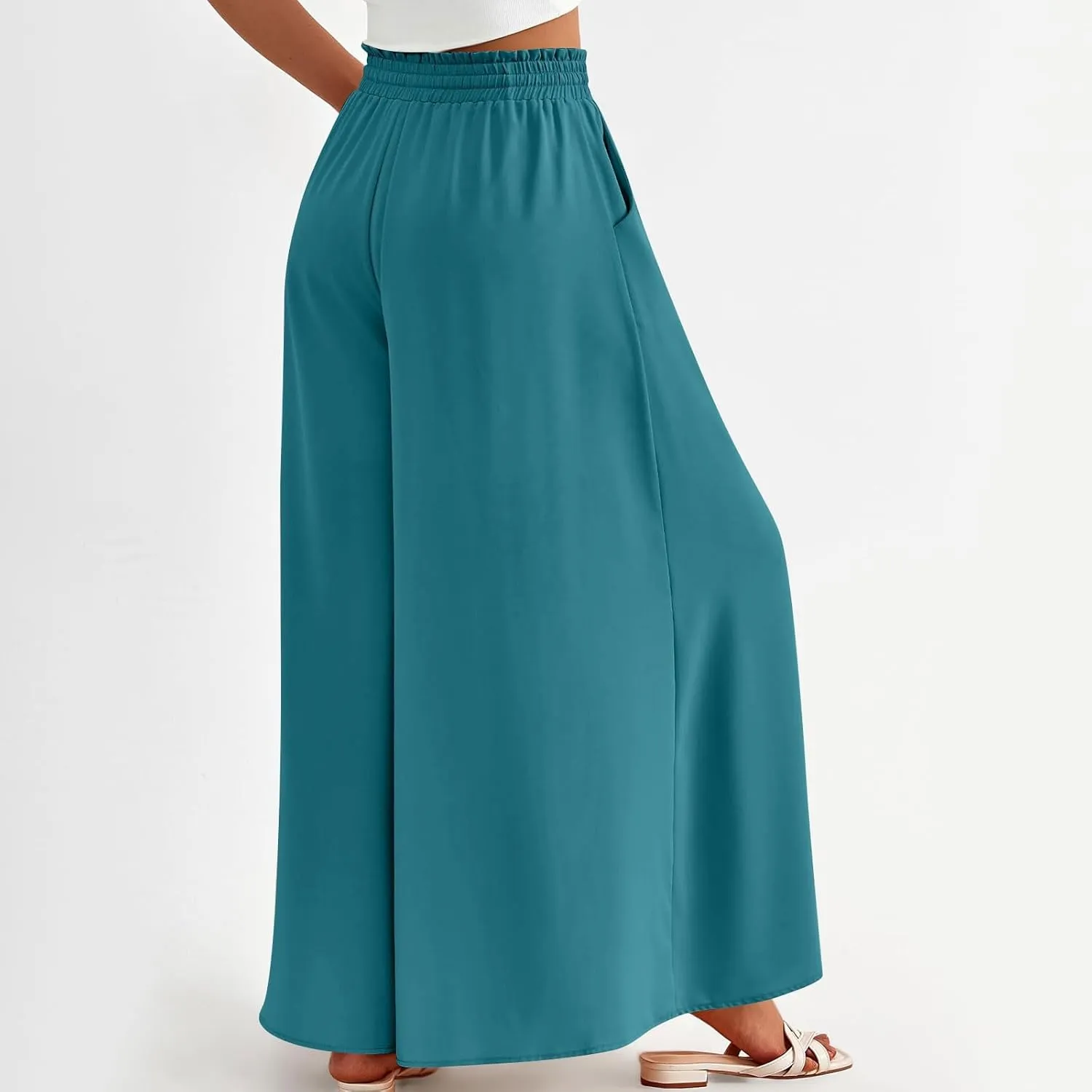 Wide Leg Women Pants Lightweiht Waist Adjustable Drawstring Summer Boho Flowy Palazzo Pants Beach Pants with Pockets