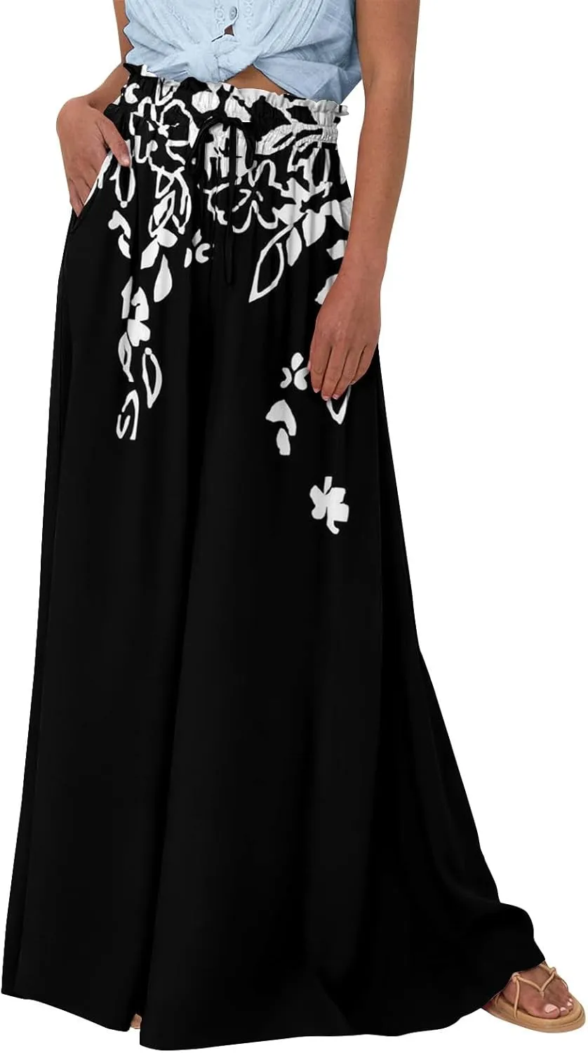 Wide Leg Women Pants Lightweiht Waist Adjustable Drawstring Summer Boho Flowy Palazzo Pants Beach Pants with Pockets