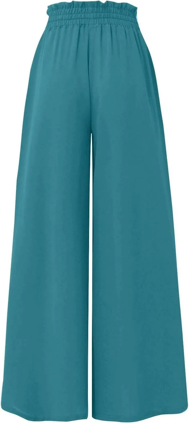 Wide Leg Women Pants Lightweiht Waist Adjustable Drawstring Summer Boho Flowy Palazzo Pants Beach Pants with Pockets