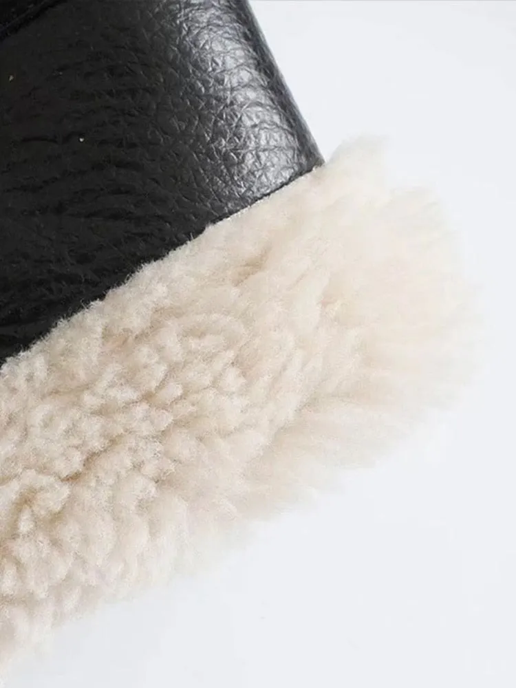 Winter Women Streetwear Faux Lamb Leather Fur Lapel Crop Jacket Autumn Female Moto Biker Thick Warm Sheepskin Outwear Coat