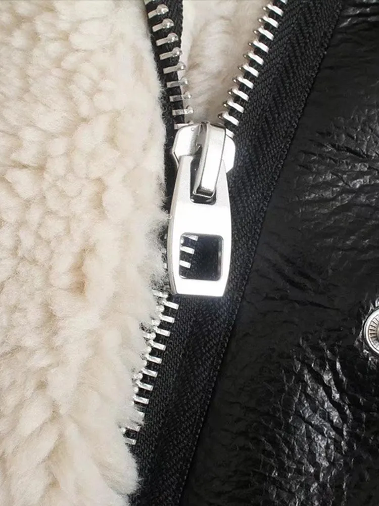 Winter Women Streetwear Faux Lamb Leather Fur Lapel Crop Jacket Autumn Female Moto Biker Thick Warm Sheepskin Outwear Coat