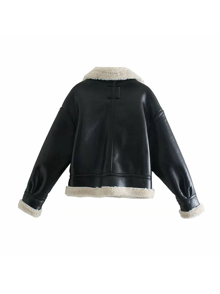 Winter Women Streetwear Faux Lamb Leather Fur Lapel Crop Jacket Autumn Female Moto Biker Thick Warm Sheepskin Outwear Coat