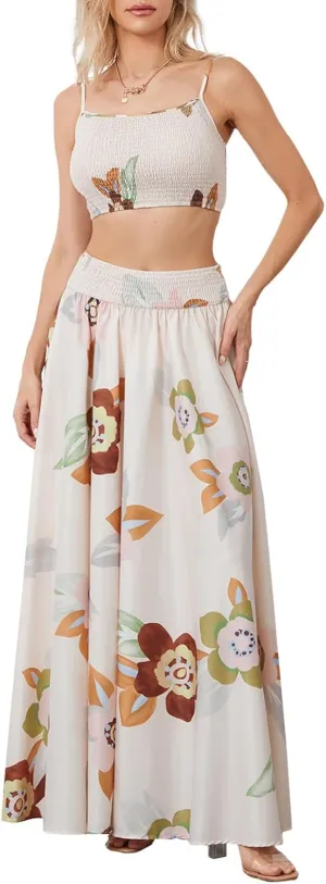 Women 2 Piece Floral Print Skirt Set Backless Cami Tops and Flowy Pleated Long Skirt Summer Boho Beach Outfits