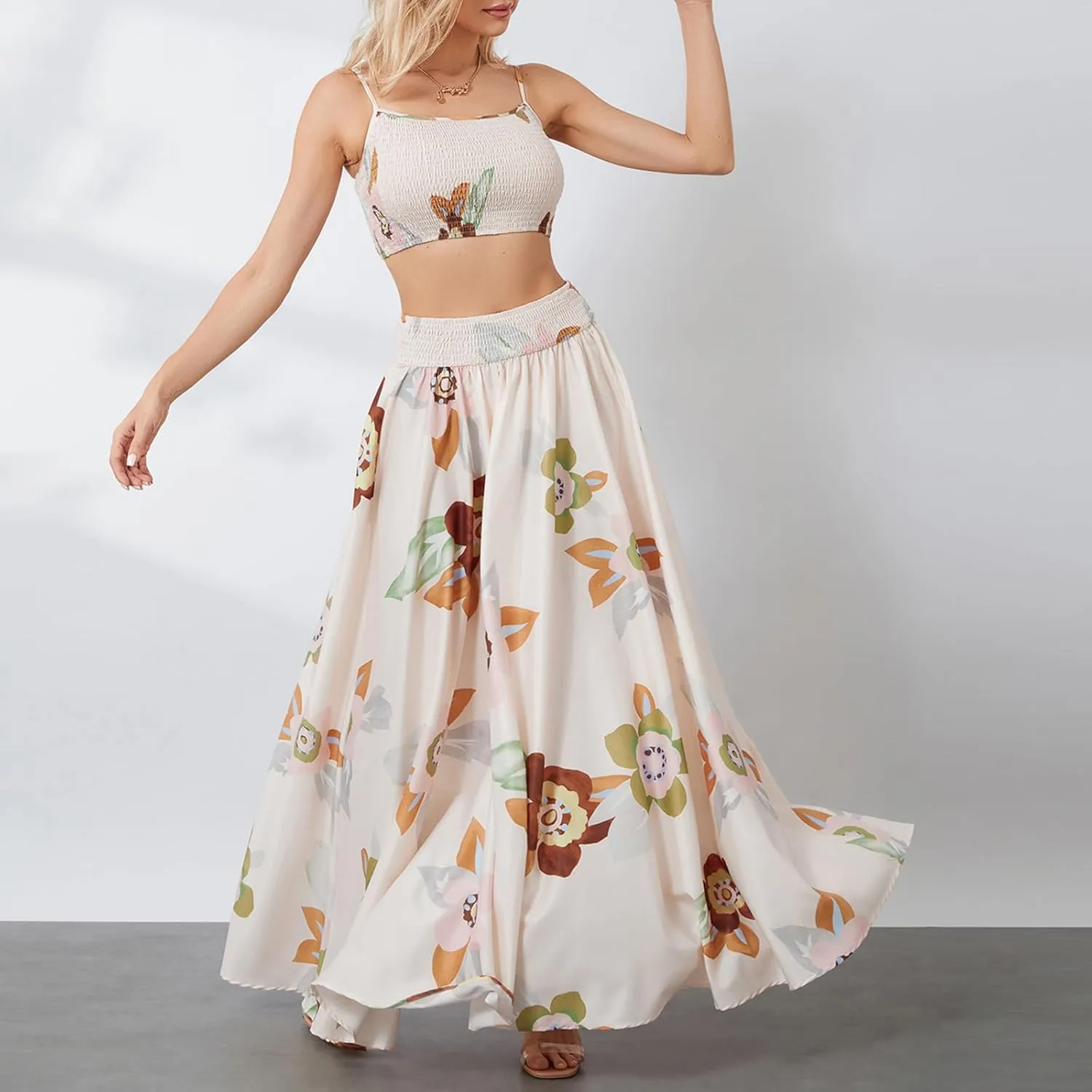 Women 2 Piece Floral Print Skirt Set Backless Cami Tops and Flowy Pleated Long Skirt Summer Boho Beach Outfits