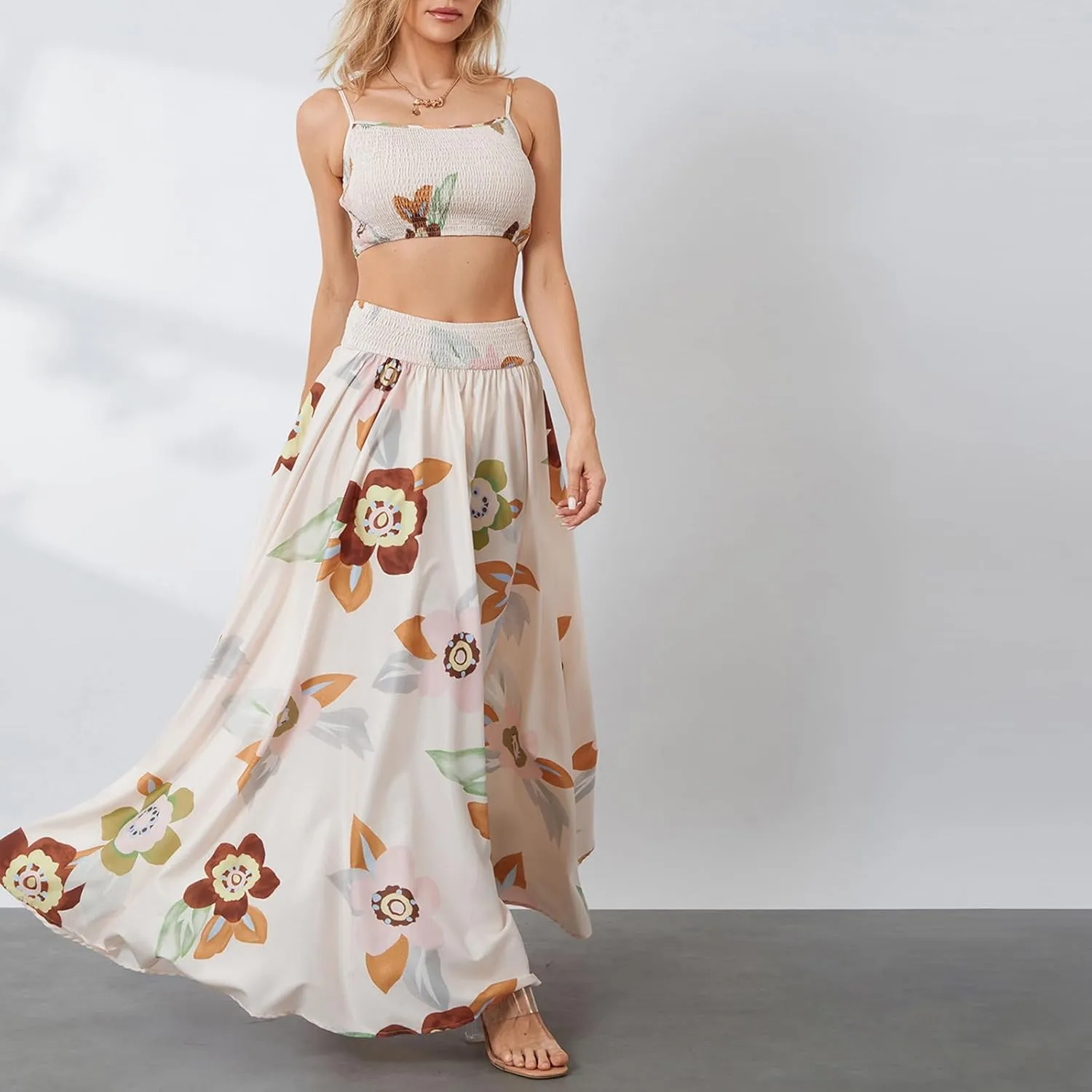 Women 2 Piece Floral Print Skirt Set Backless Cami Tops and Flowy Pleated Long Skirt Summer Boho Beach Outfits