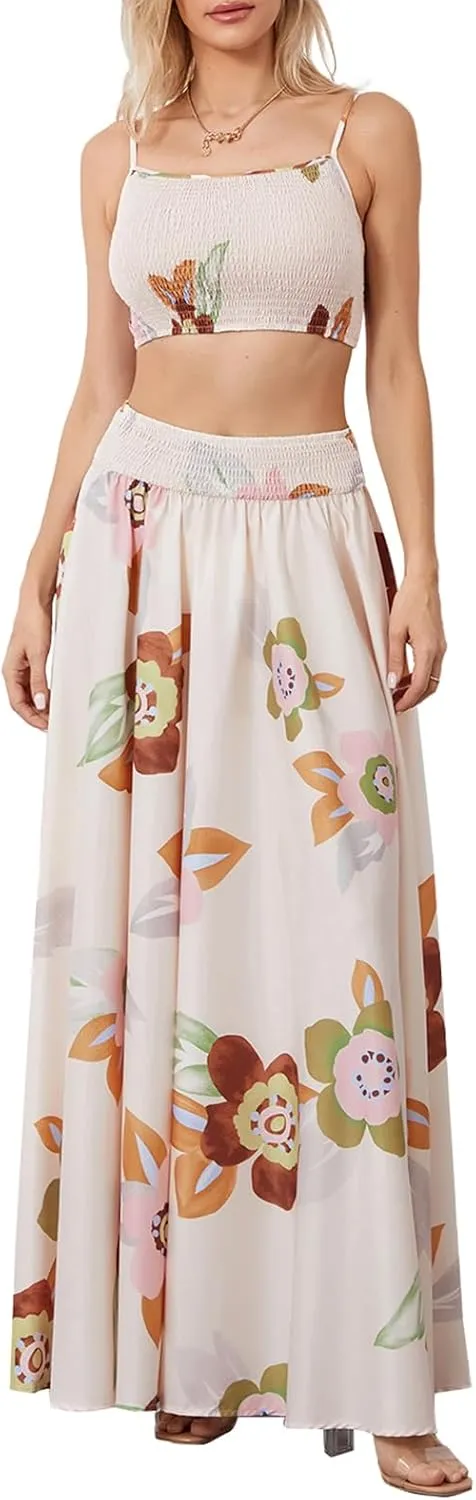 Women 2 Piece Floral Print Skirt Set Backless Cami Tops and Flowy Pleated Long Skirt Summer Boho Beach Outfits