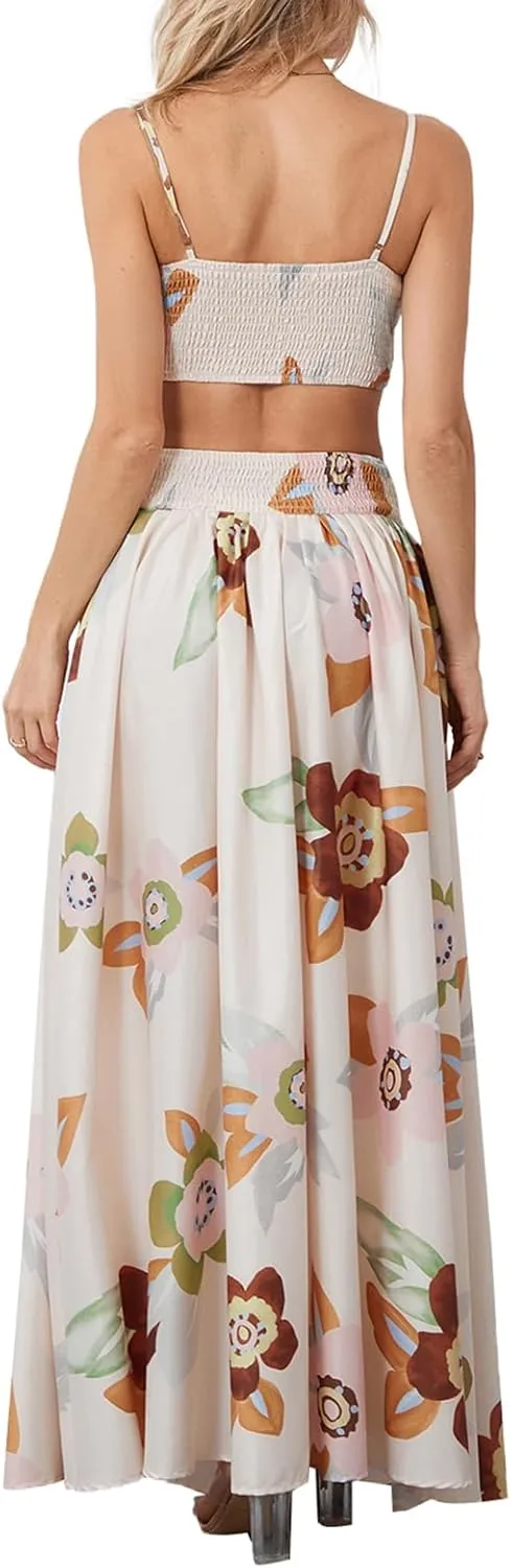 Women 2 Piece Floral Print Skirt Set Backless Cami Tops and Flowy Pleated Long Skirt Summer Boho Beach Outfits
