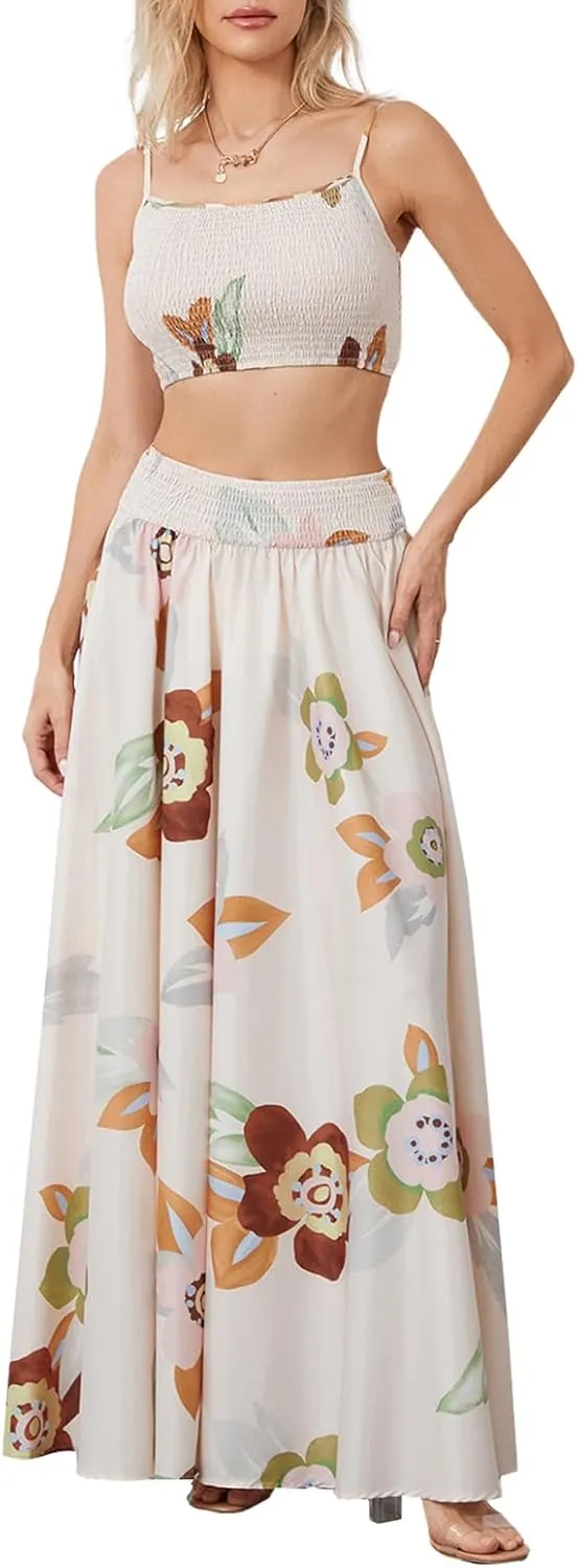 Women 2 Piece Floral Print Skirt Set Backless Cami Tops and Flowy Pleated Long Skirt Summer Boho Beach Outfits