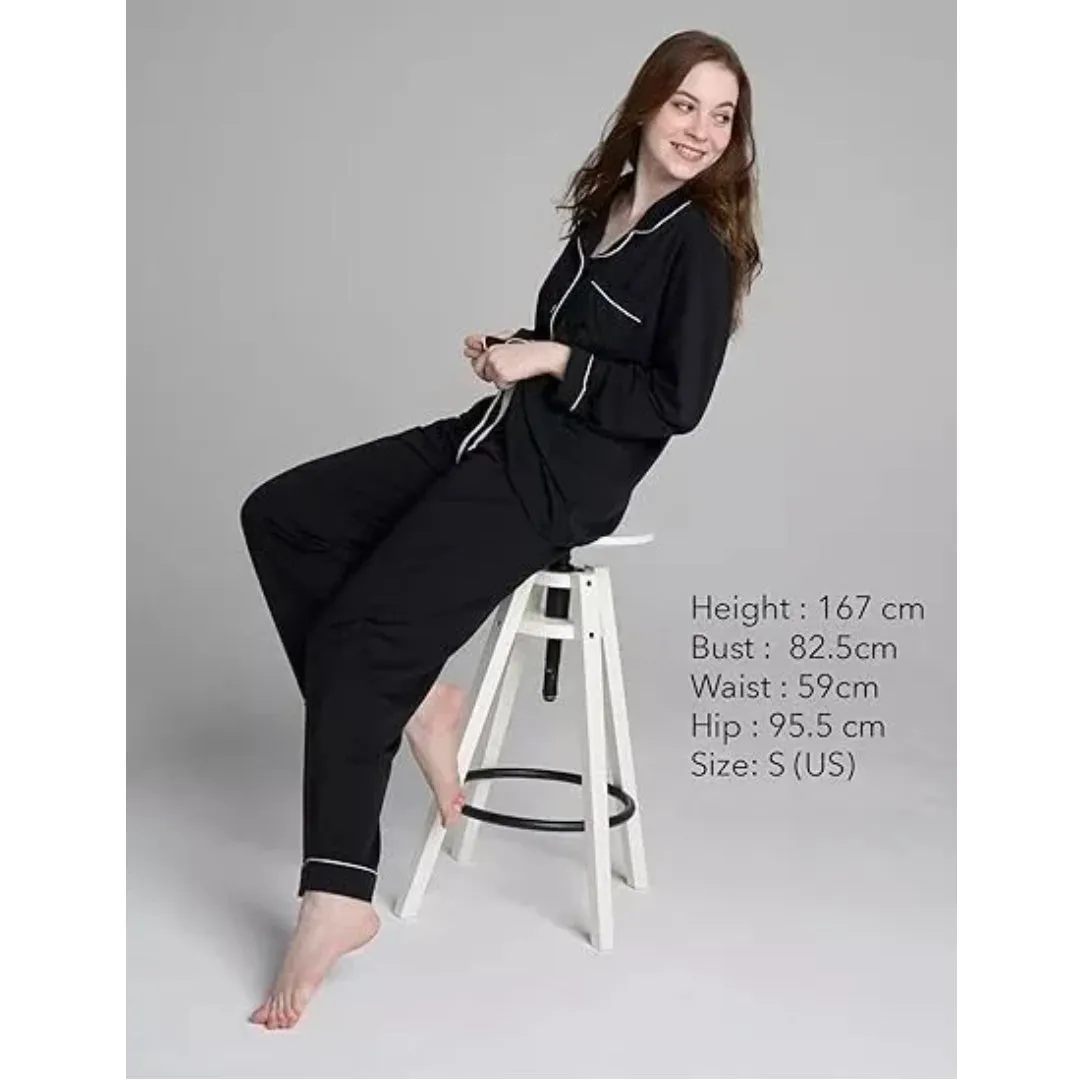 Women Black Pyjamas Set Knit Lounge Bottom Pants and Long Sleeve Button Top