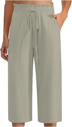 Women Cotton Linen Summer Boho Palazzo Pants Elastic Waist Bootcut Loose Fit Pant Trousers Business Work