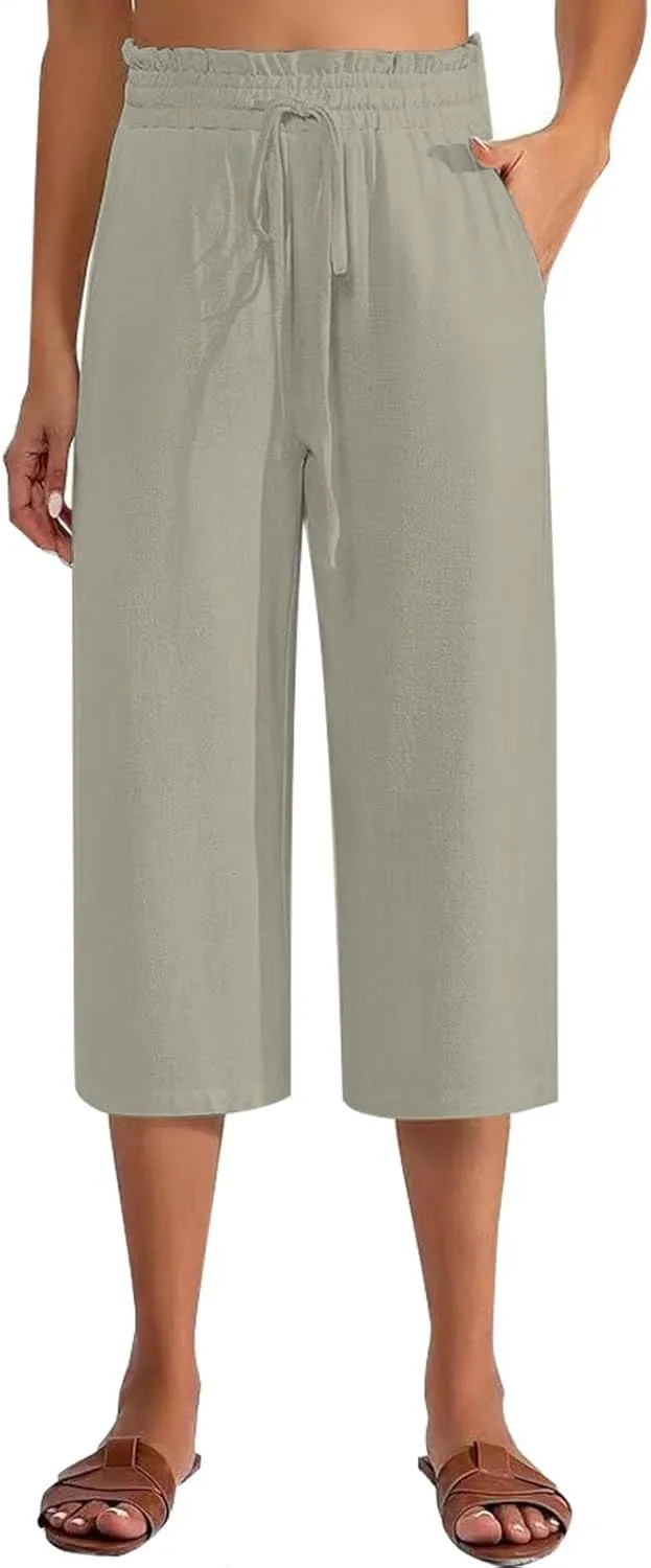 Women Cotton Linen Summer Boho Palazzo Pants Elastic Waist Bootcut Loose Fit Pant Trousers Business Work