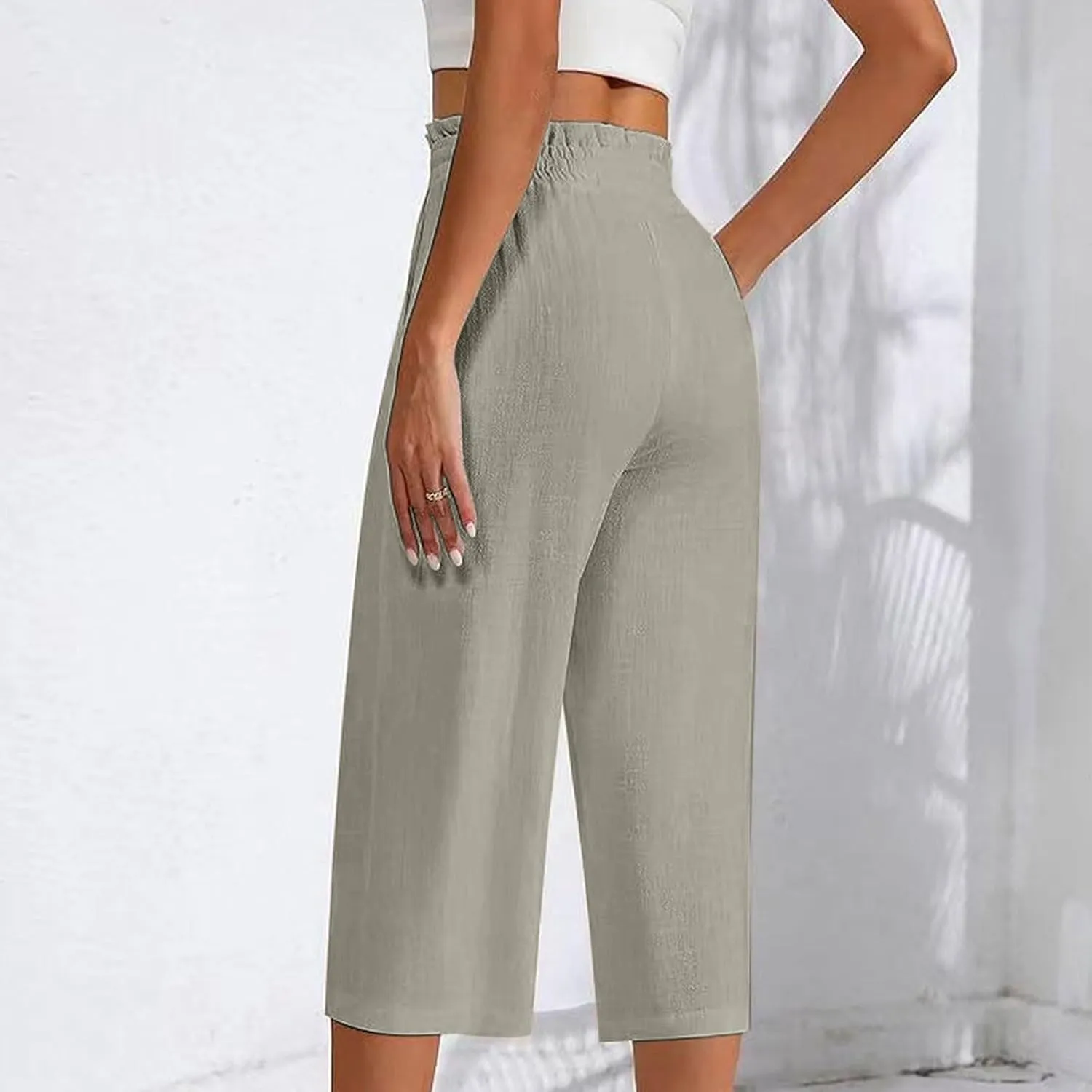 Women Cotton Linen Summer Boho Palazzo Pants Elastic Waist Bootcut Loose Fit Pant Trousers Business Work