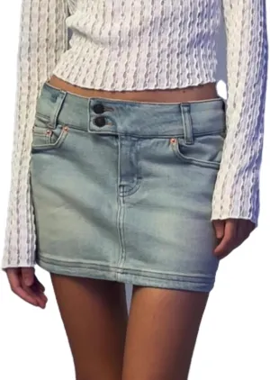 Women Denim Skirt Low Waist Zipper Button Mini Jean Skirts Summer Casual Stretch Skort