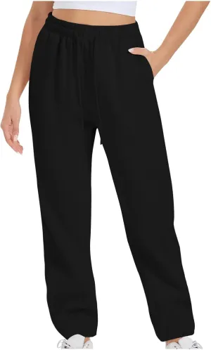 Women Drawstring Sweatpants Elastic Waist Sweatpant Plus Thick Trousers Solid Workout Pants Multi Pockets Fall Pant
