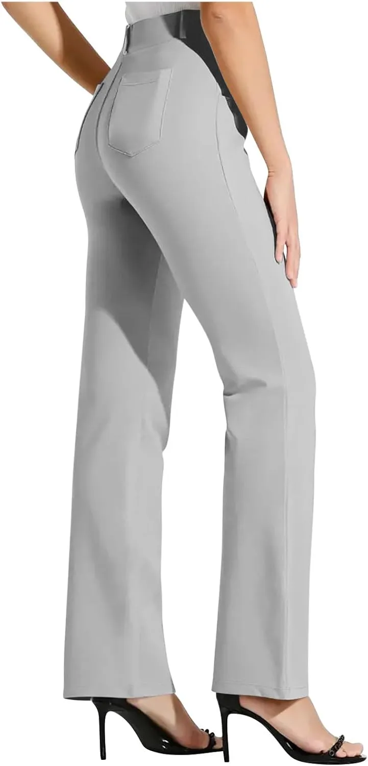 Women High Waist Work Pants Office Yoga Dress Pants Business Casual Outfits Elastic Waist Straight Leg Pocket Trouser