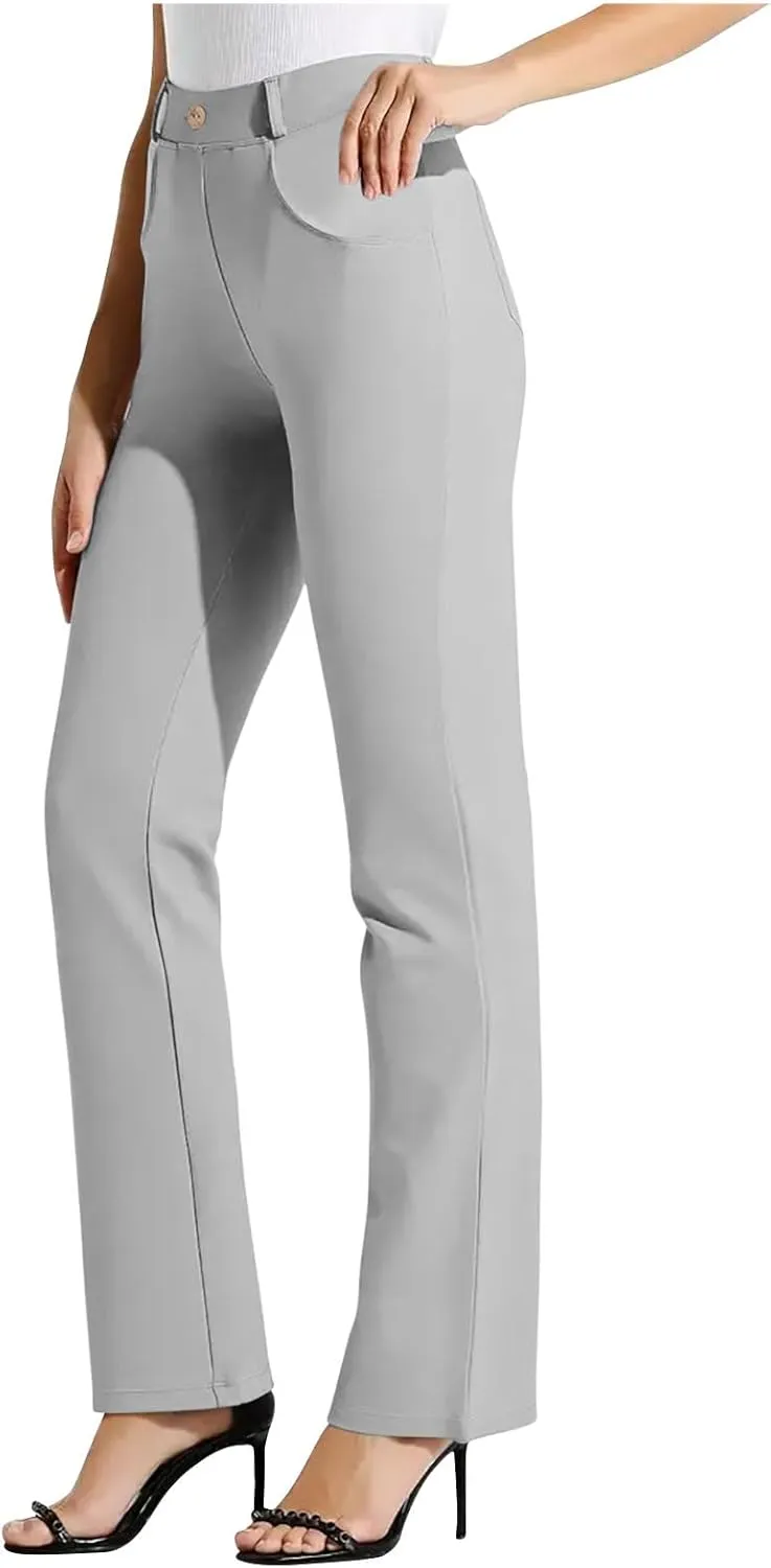 Women High Waist Work Pants Office Yoga Dress Pants Business Casual Outfits Elastic Waist Straight Leg Pocket Trouser