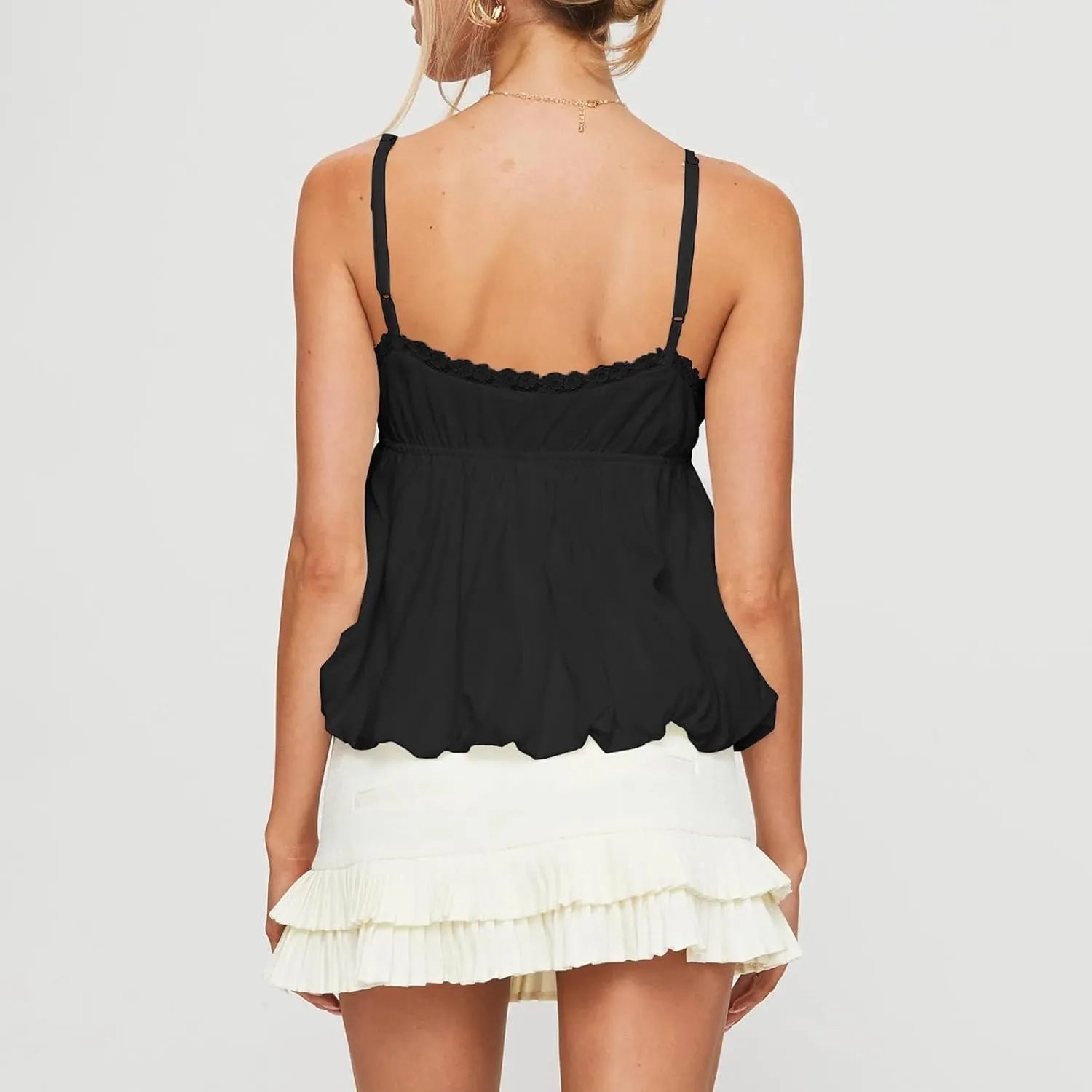 Women Lace Trim Camisole Slim Fitted Spaghetti Strap Ruffle Cami Crop Top V Neck Sleeveless Tank Tops Streetwear
