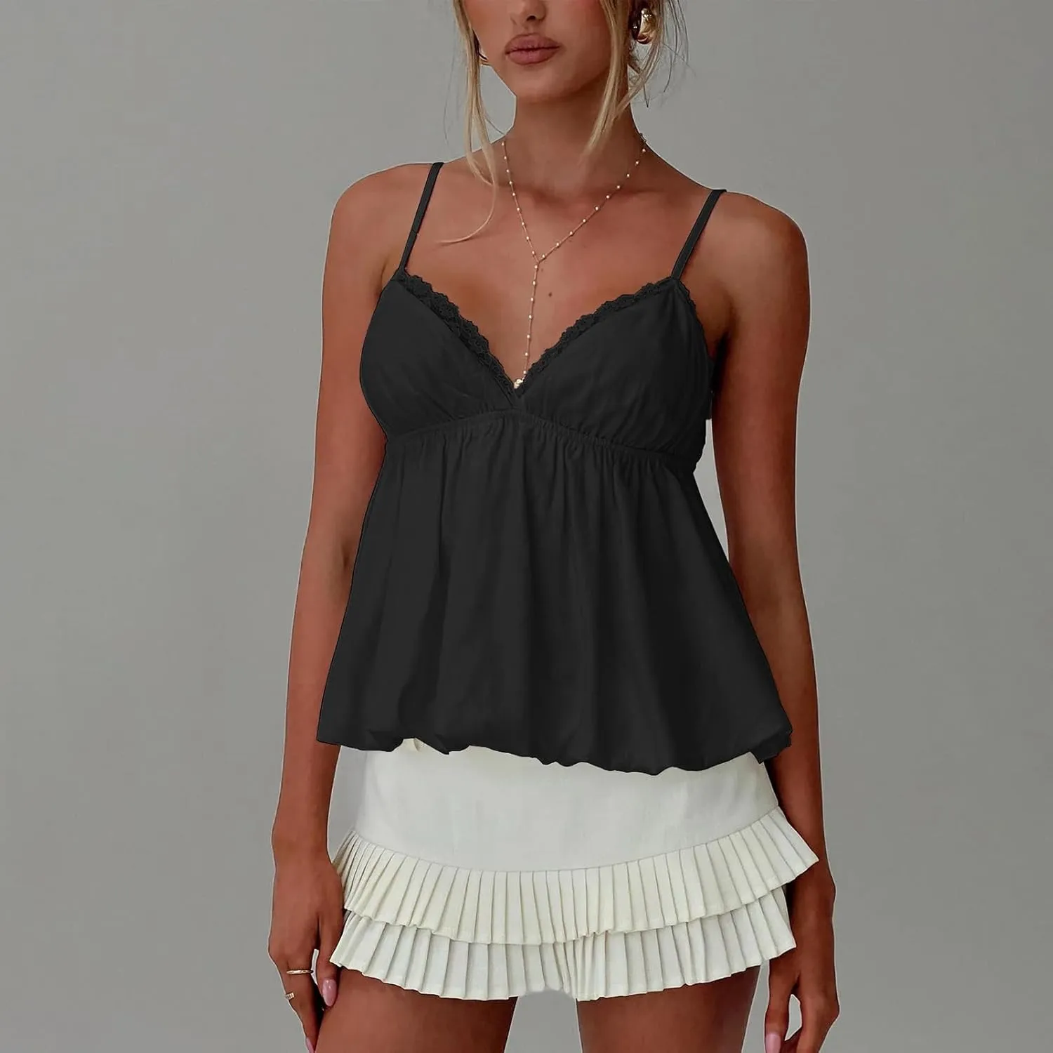 Women Lace Trim Camisole Slim Fitted Spaghetti Strap Ruffle Cami Crop Top V Neck Sleeveless Tank Tops Streetwear