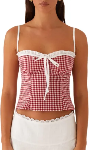 Women Lace Trim Plaid Cami Tie Up Crop Gingham Camisole Summer Slim Fit Square Neck Sleeveless Tank Top Streetwear