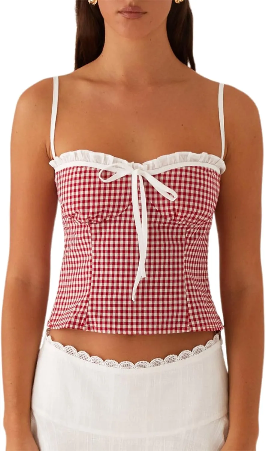 Women Lace Trim Plaid Cami Tie Up Crop Gingham Camisole Summer Slim Fit Square Neck Sleeveless Tank Top Streetwear