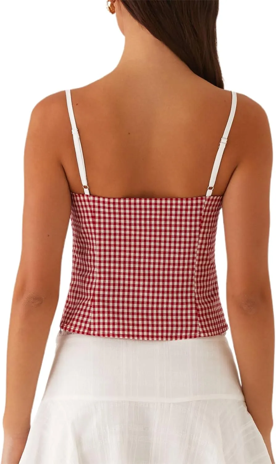 Women Lace Trim Plaid Cami Tie Up Crop Gingham Camisole Summer Slim Fit Square Neck Sleeveless Tank Top Streetwear