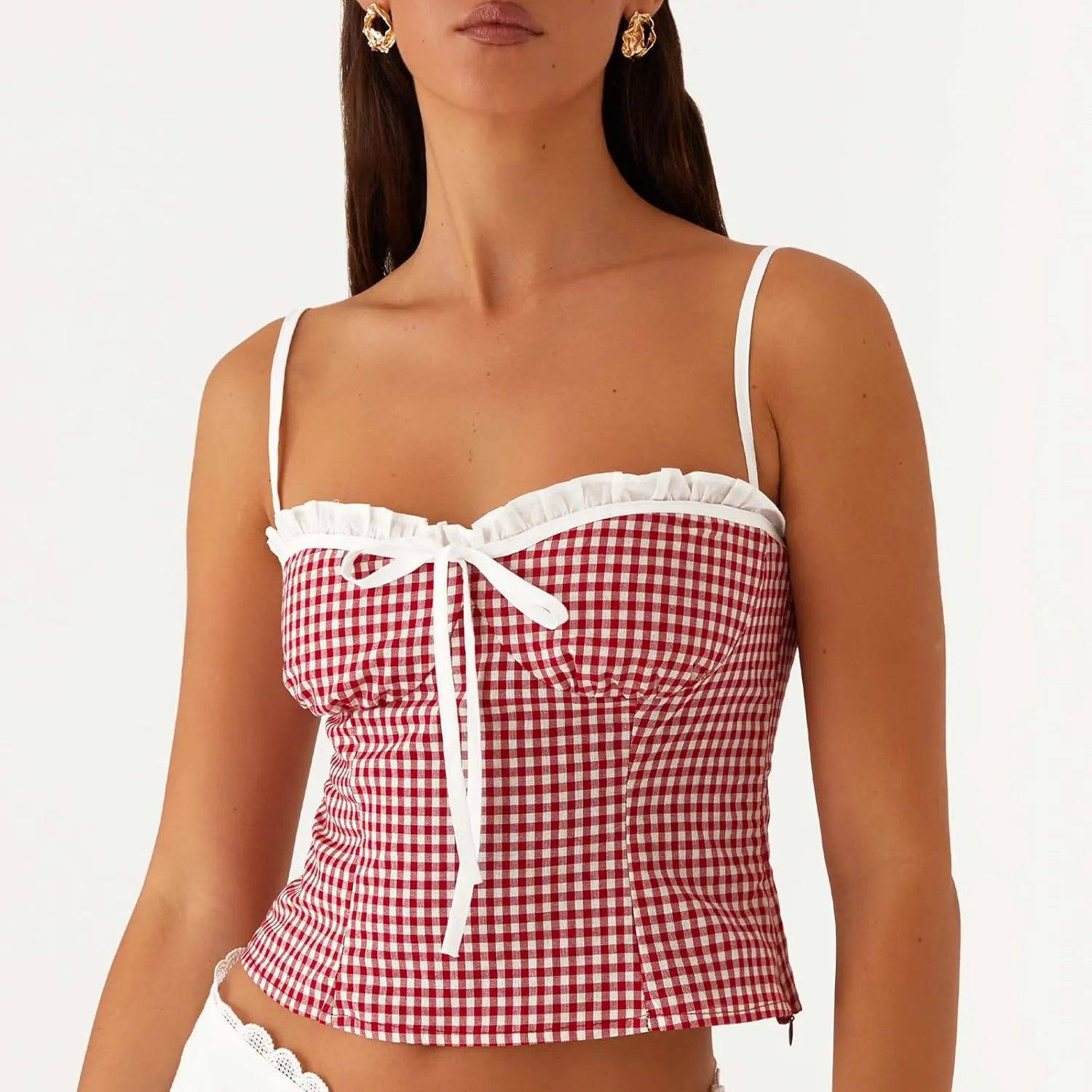 Women Lace Trim Plaid Cami Tie Up Crop Gingham Camisole Summer Slim Fit Square Neck Sleeveless Tank Top Streetwear