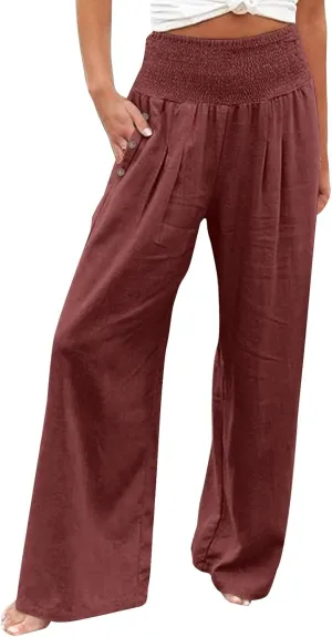 Women Linen Blend Summer Letter Patched Pant Trousers Elastic Waist Wide Leg Loose Fit Trouser Office