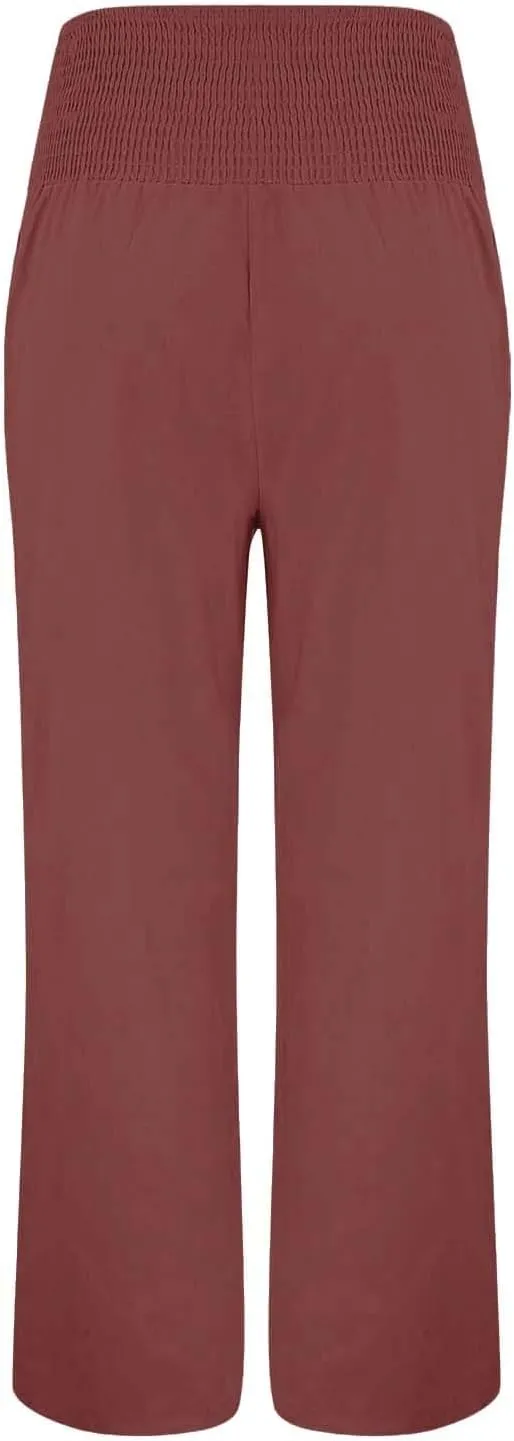 Women Linen Blend Summer Letter Patched Pant Trousers Elastic Waist Wide Leg Loose Fit Trouser Office