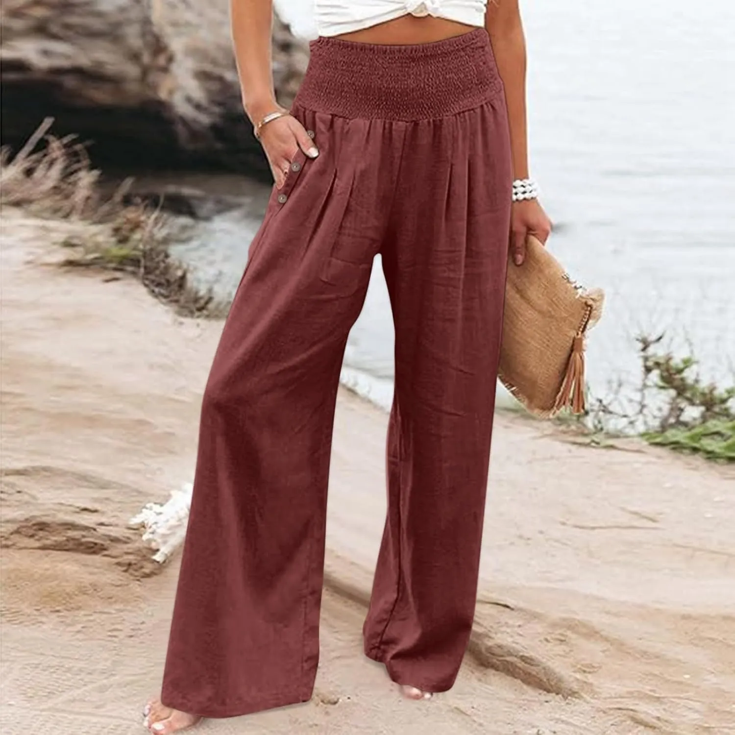 Women Linen Blend Summer Letter Patched Pant Trousers Elastic Waist Wide Leg Loose Fit Trouser Office