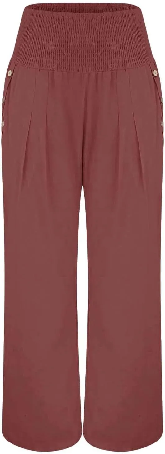 Women Linen Blend Summer Letter Patched Pant Trousers Elastic Waist Wide Leg Loose Fit Trouser Office