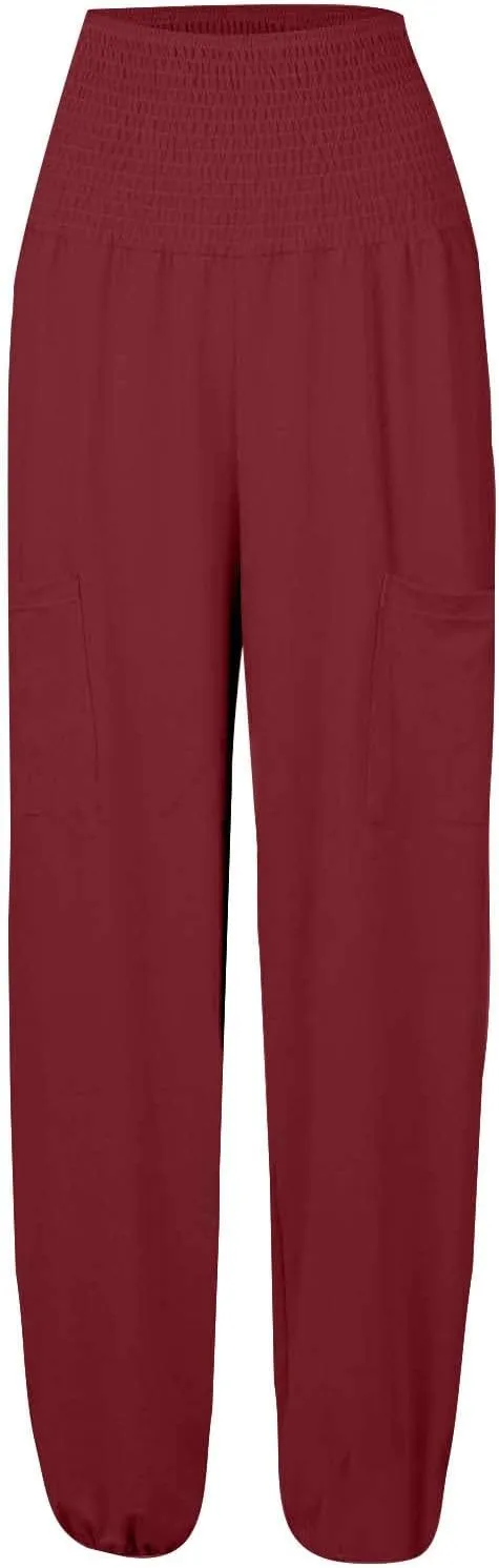Women Linen Blend Summer Loose Pants Low Waist Baggy Stretchy Slim Fit Pant Trousers Business Work